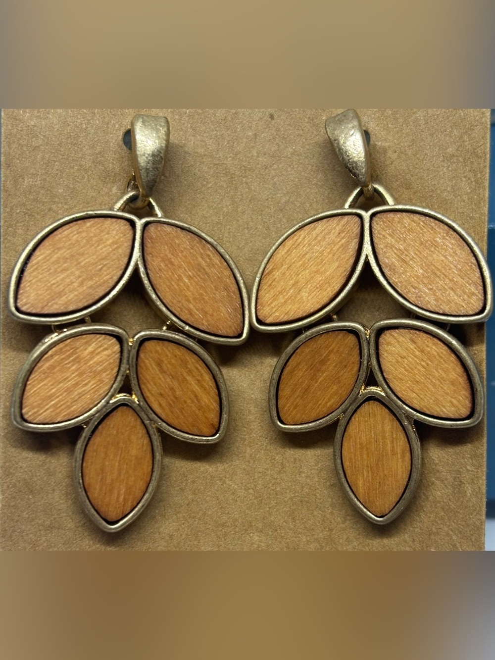 Wooden Petals Trimmed in Gold Drop Earrings   Post Back